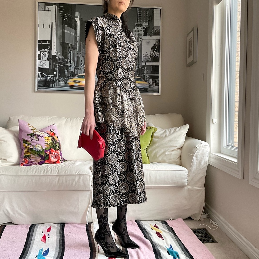 Vintage metallic thread lace drop waist peplum evening dress